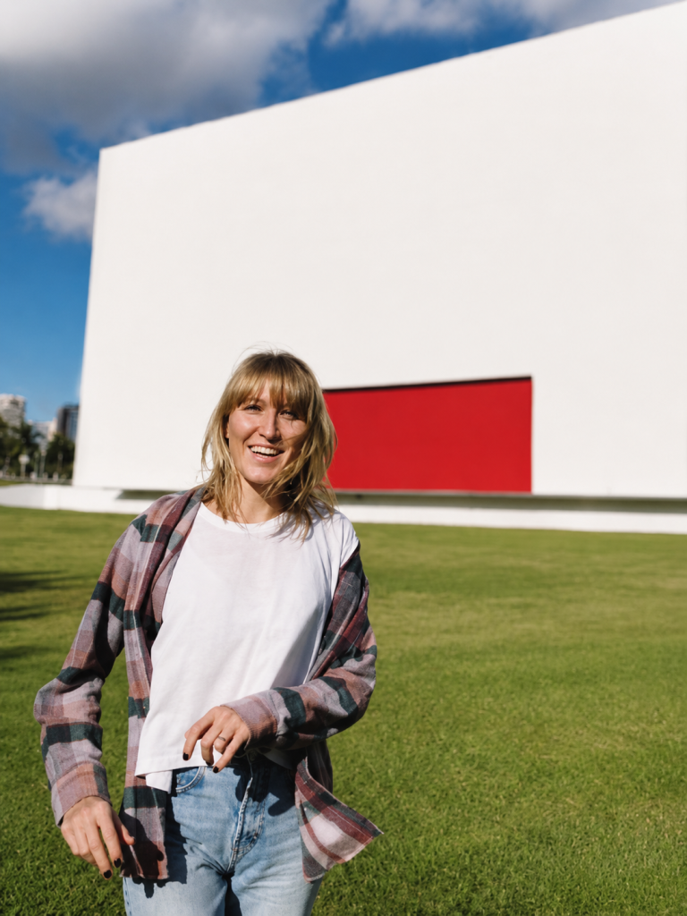 Natalia Vdovichenko sorrindo ao ar livre