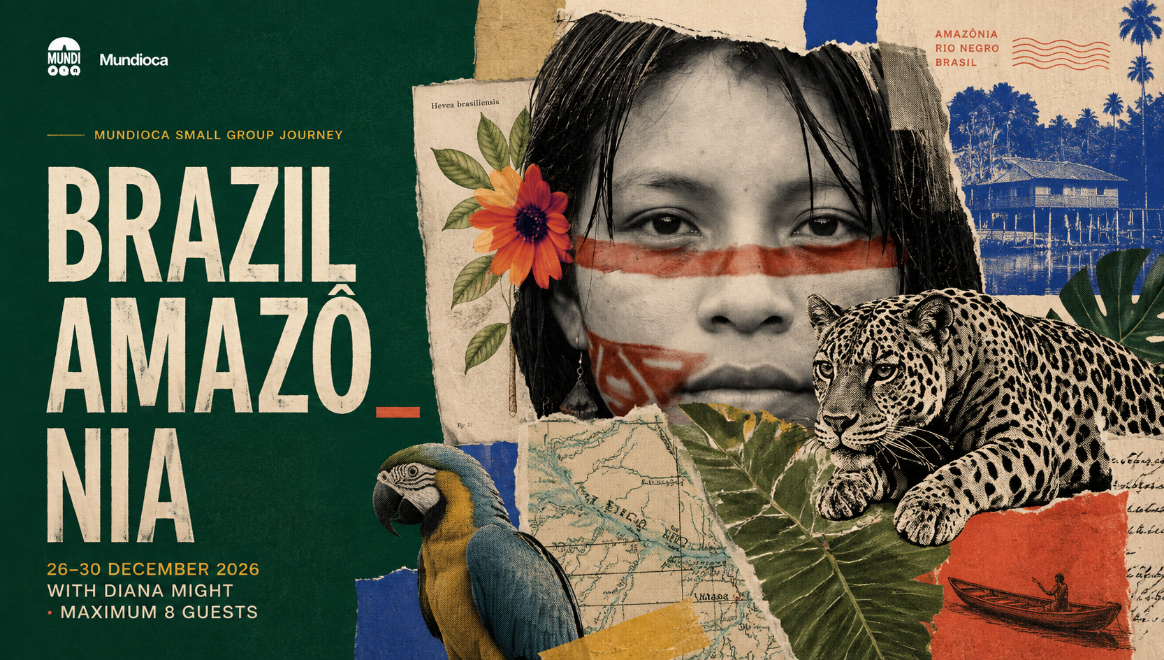 Brazil Amazônia editorial landscape collage with MundiOCA visual elements