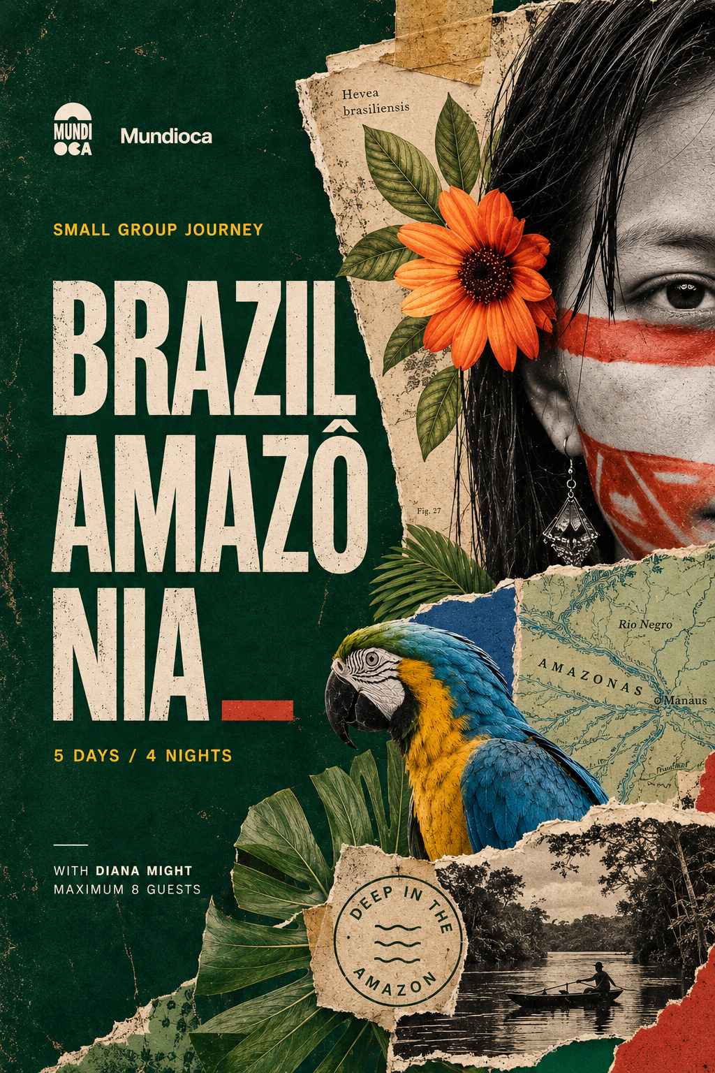 Brazil Amazônia editorial portrait collage with MundiOCA title, portrait, macaw and river fragments
