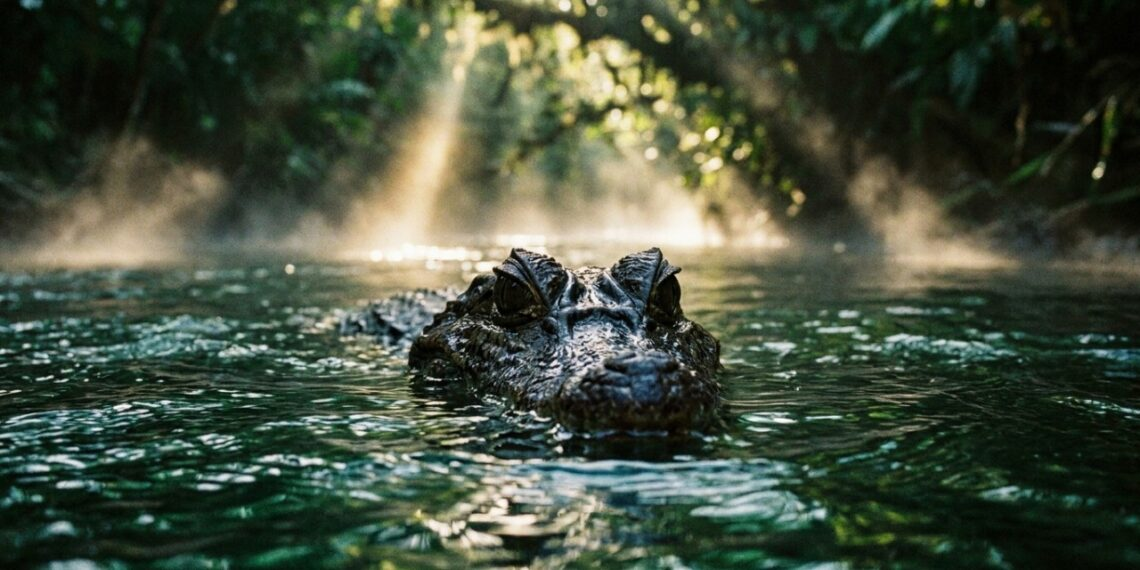 Caiman emerging from the water during a night encounter