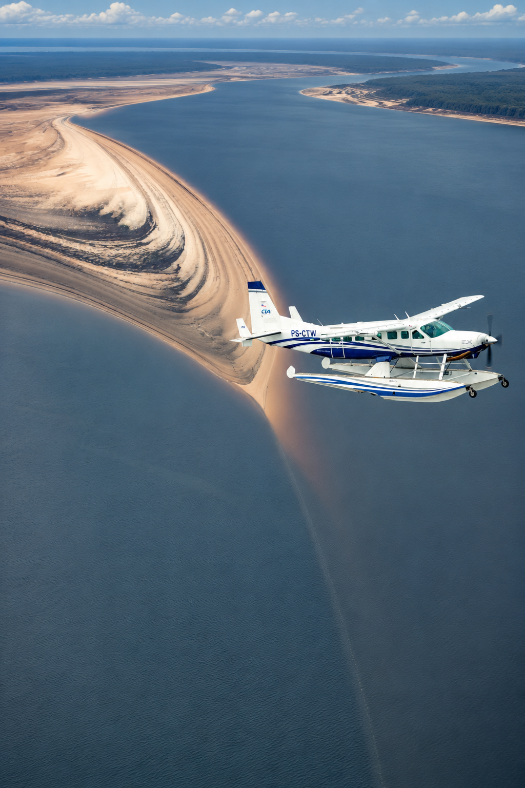Floatplane flying over an Amazon river and sandbanks