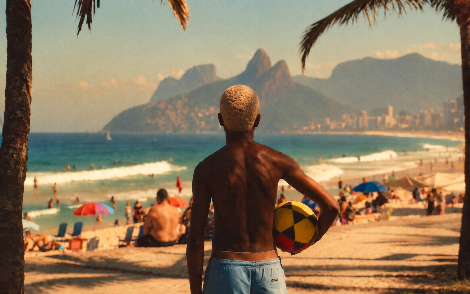 A beachgoer carrying a ball on Ipanema beach, looking toward the Rio de Janeiro coastline