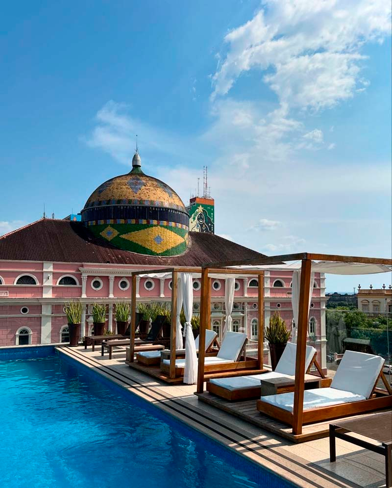 Juma Opera rooftop terrace pool with Teatro Amazonas in Manaus