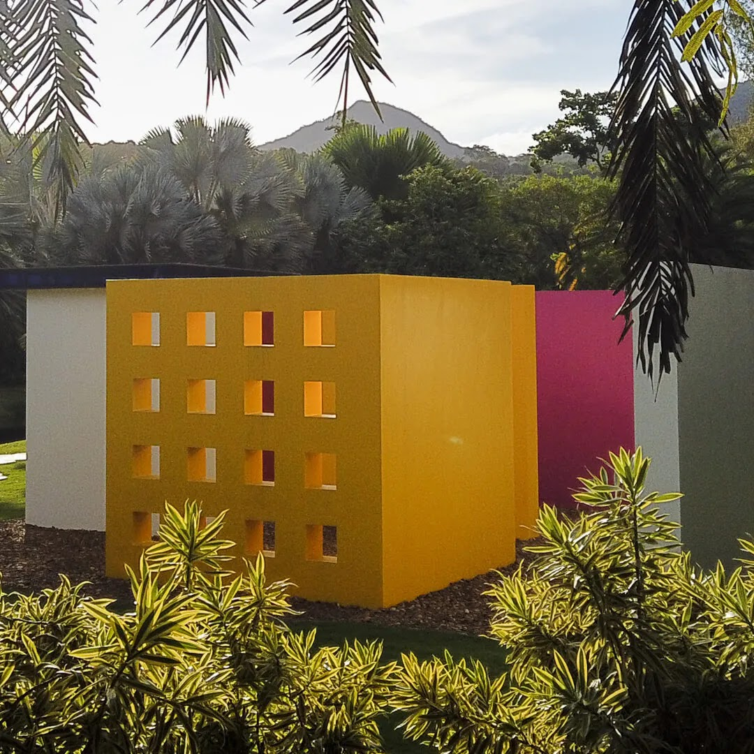Colourful architecture surrounded by the landscape at Inhotim